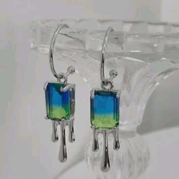 Blue Green Ombre Quartz Silver Dripping Droplet Hoops - Picture 1 of 5